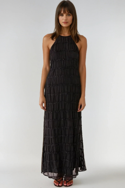 Ethereal Halter Maxi Dress in Soft Nude with Pleated Layers - Elegant Long Dress for Women, Full-Length Design-5