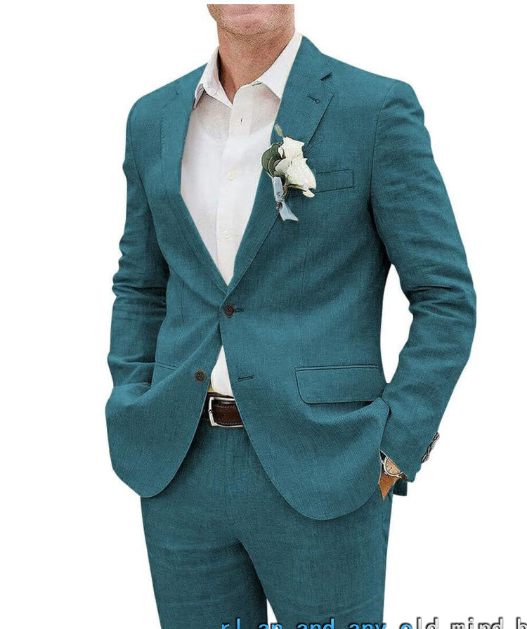 Light men's two-piece suit - slim fit, linen blend, for business banquets and events