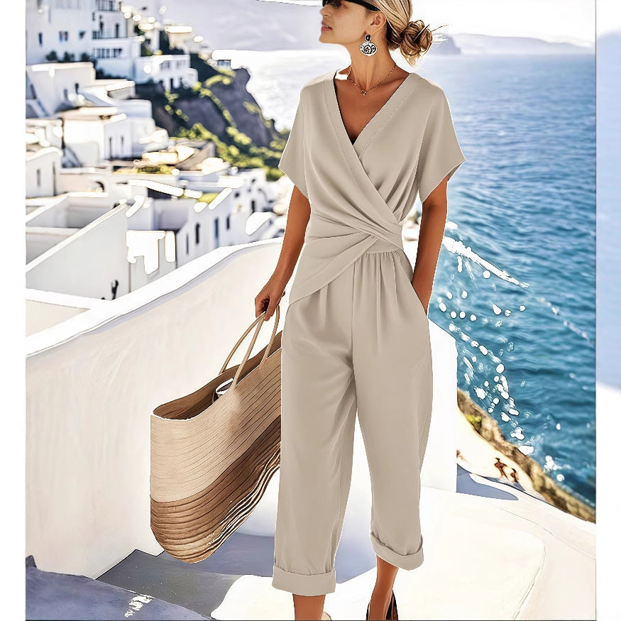versatile wrap V-neck top, irregular silhouette, polyester, office wear – Light women's two-piece set