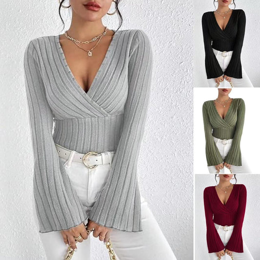 Women’s Stretchy Long Sleeve Top - V Neck, Ribbed Knit