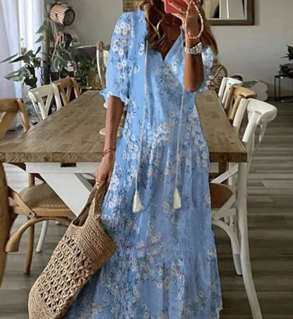 Light Women's Dress - Bohemian Print, V-Neck, Long Sleeves, Mid Waist, Casual Regular Wear