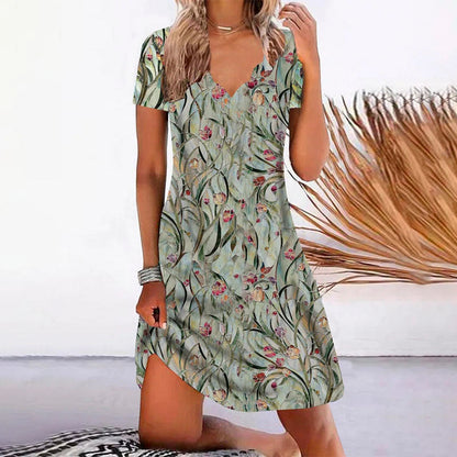 Variant image for Floral Print Womens Dress with V-Neck and Short Sleeves, Above Knee Length Summer Dress-1