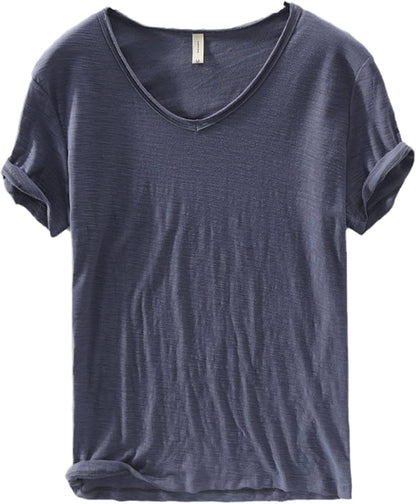 Men's V-Neck Linen Cotton Shirt, Lightweight Short Sleeve Slim-Fit Casual Top for Summer-3