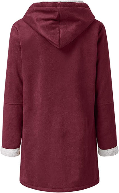 Womens Warm Winter Jacket - Hooded Mid-Thigh, Suede