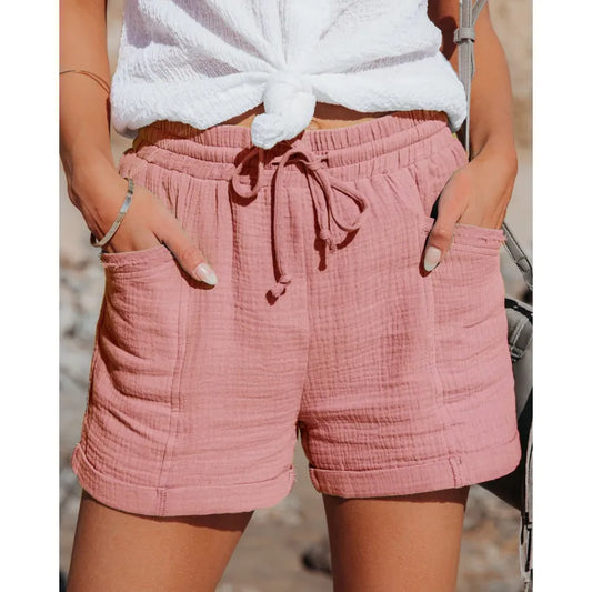 Cotton Summer Linen Shorts Women's High Waist Casual Pants with Pockets