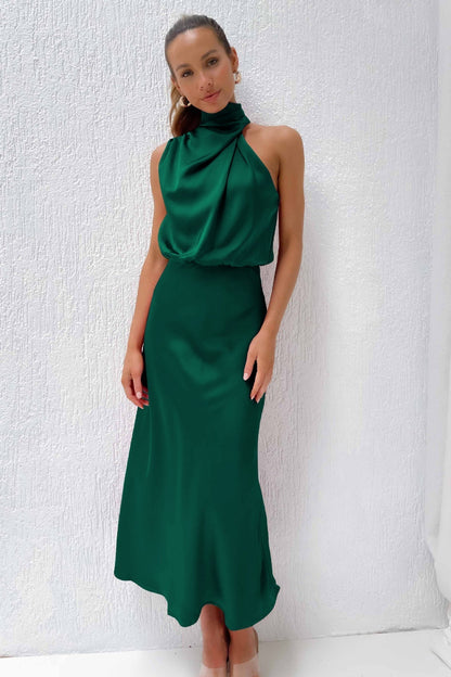 Variant image for Long Satin Halterneck Formal Dress for Weddings and Elegant Occasions, Full-Length Evening Gown-36