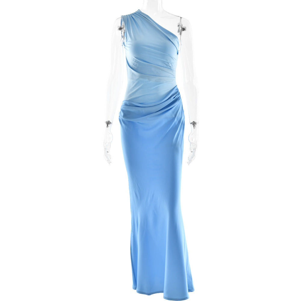 women's Fitted dress - asymmetric one-shoulder sheath, satin, for formal evening events and special occasions