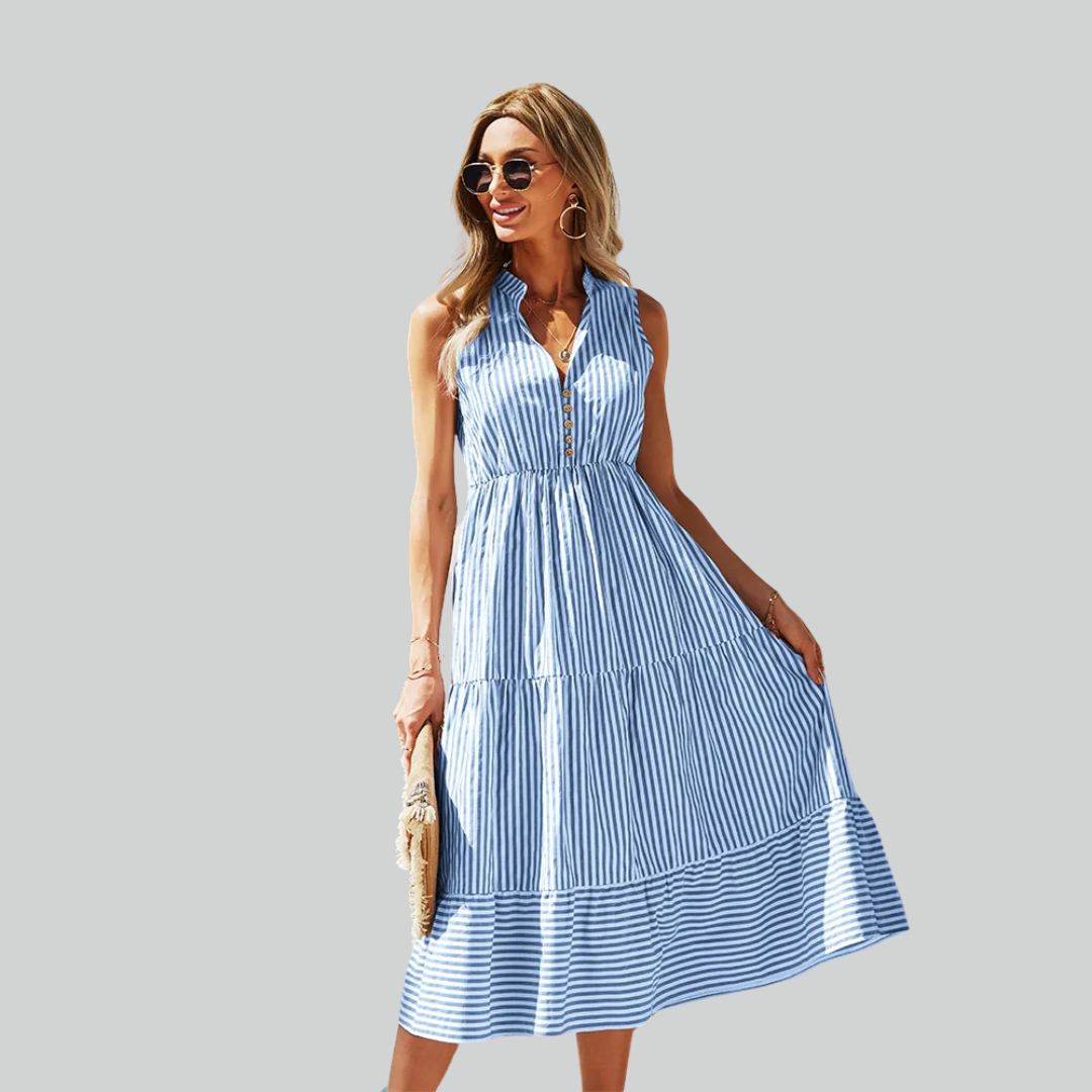 Shirt Striped Dress Women A-Line Summer Casual V-Neck Sleeveless Beach Holiday Dress