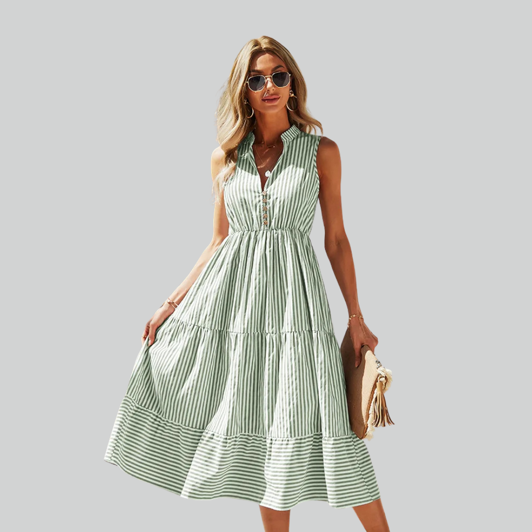 Shirt Striped Dress Women A-Line Summer Casual V-Neck Sleeveless Beach Holiday Dress