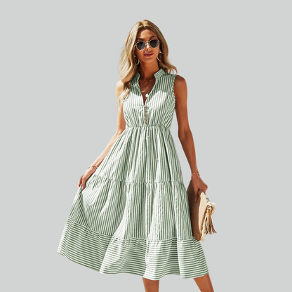 Shirt Striped Dress Women A-Line Summer Casual V-Neck Sleeveless Beach Holiday Dress