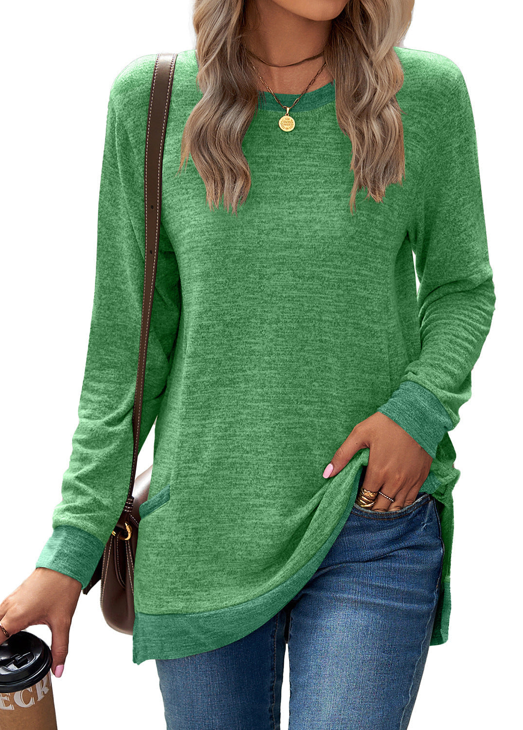 Plush Relaxed Women’s Long Sleeve Pullover - Round Neck Tunic, Cotton Cashmere Knit, Pocketed Mid Length Top For Casual Wear