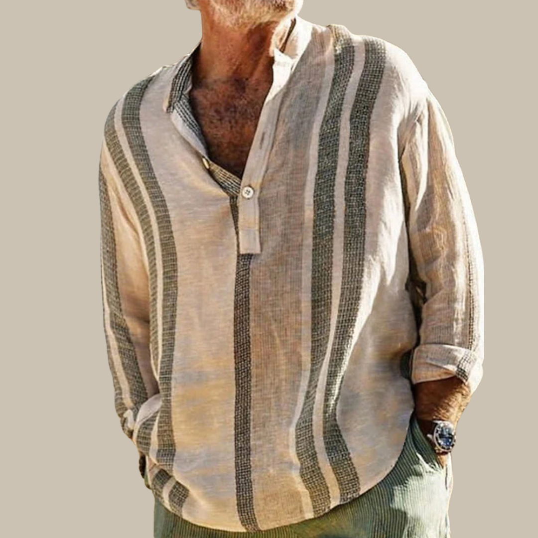 Elegant Men's Linen Shirt with Mao Collar and Subtle Stripes, Available in Sizes S to XL-1