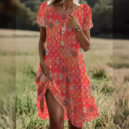 Plush women's dress - scoop neck, flowy mid-length silhouette, geometric print, casual everyday wear