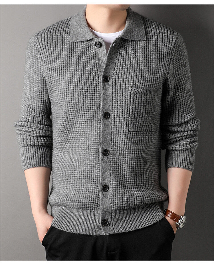 Textured Warm Men's Cardigan - Polo Lapel, Knit For Autumn