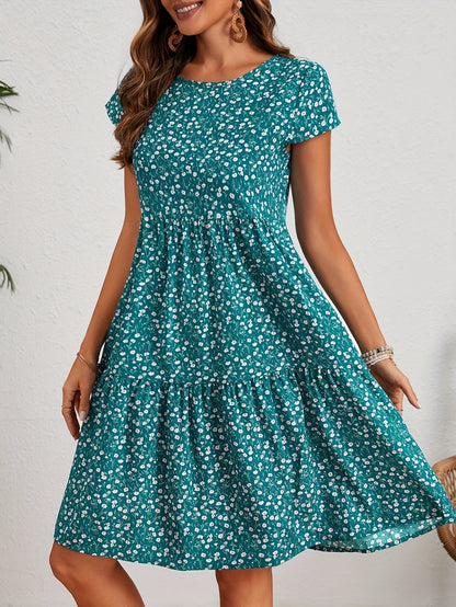 Vintage Floral Wedding Guest Dress with Circular Neckline and Short Sleeves in Turquoise, Blue, and Burgundy-2