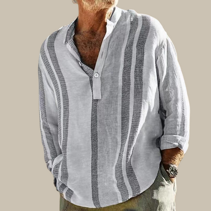 Elegant Men's Linen Shirt with Mao Collar and Subtle Stripes, Available in Sizes S to XL-4