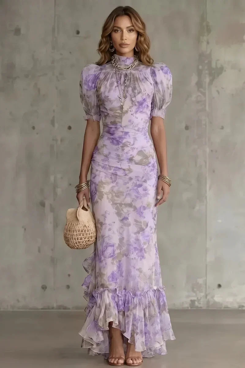 women's Fitted puff-sleeve dress - slim-fit, long-pleated, floral print, for special occasions