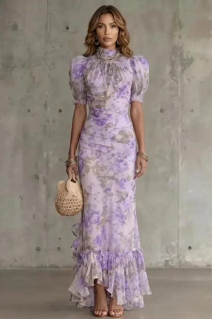 women's Fitted puff-sleeve dress - slim-fit, long-pleated, floral print, for special occasions