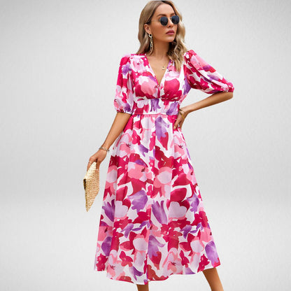 Elegant Printed Midi Dress with Three-Quarter Sleeves for Women - Versatile Midi Dress for Any Occasion-6