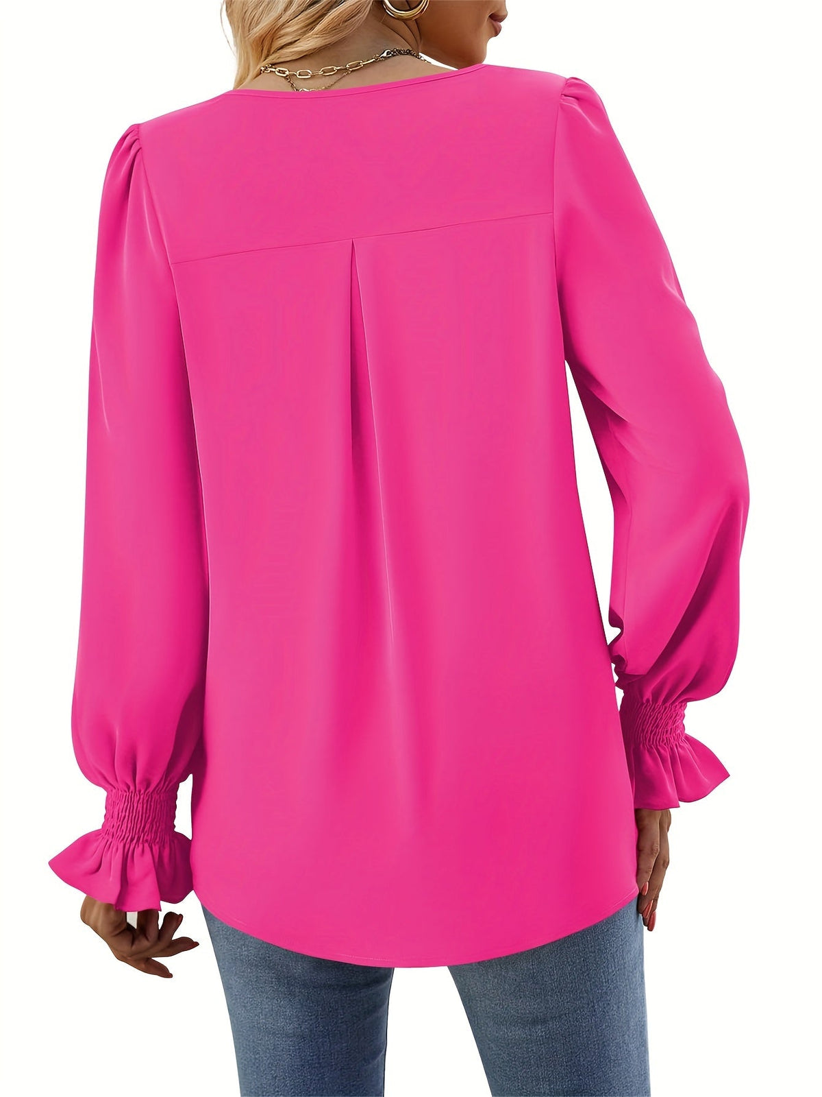 Elegant Women's Blouse in Solid Color, Lightweight Polyester V-Neck Top for Spring and Autumn Styling-5