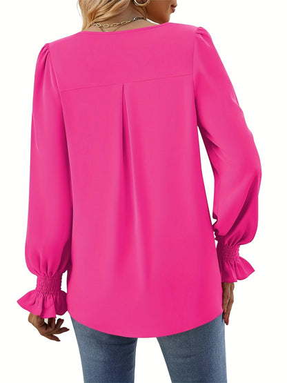 Elegant Women's Blouse in Solid Color, Lightweight Polyester V-Neck Top for Spring and Autumn Styling-5