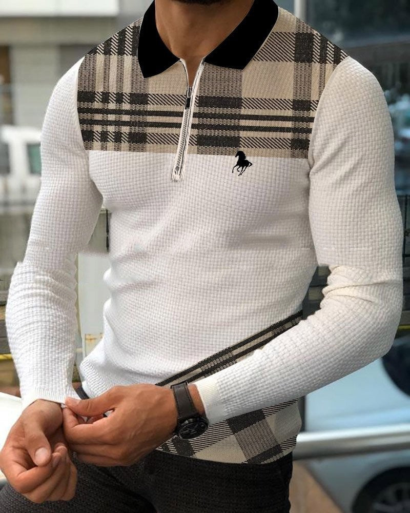 Plush Textured Men's Polo Sweater - Patterned Knit, Cotton