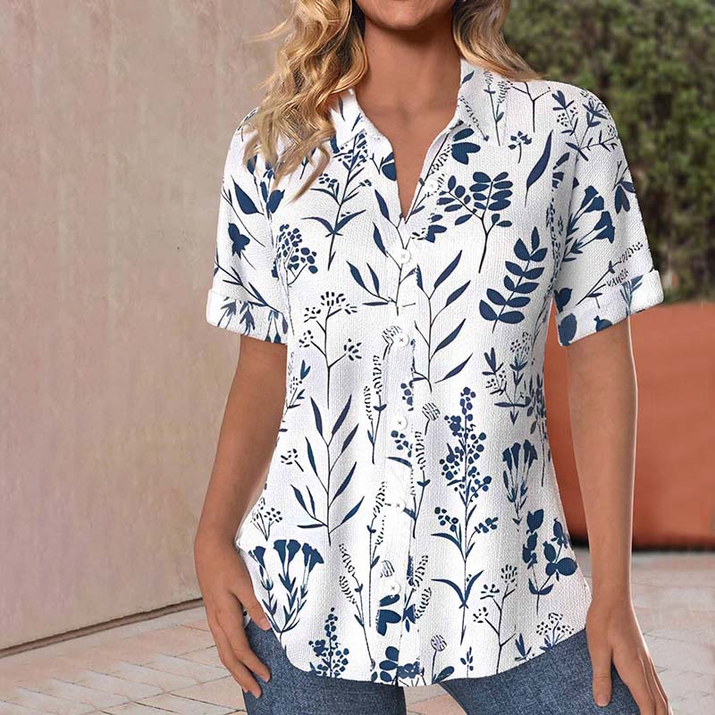 Variant image for Floral Print Women's Blouse with Short Sleeves, Lightweight Plus Size Summer Top in Cotton-Polyester Blend-1