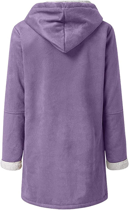 Womens Warm Winter Jacket - Hooded Mid-Thigh, Suede
