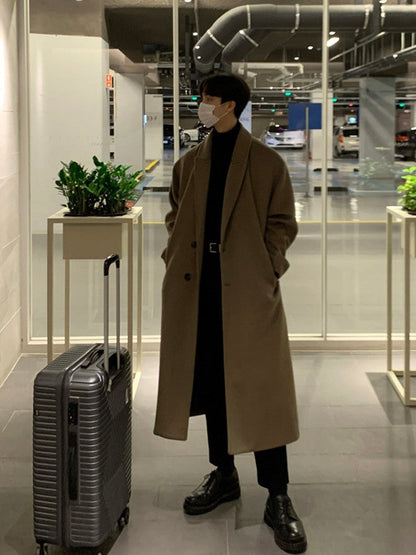 Men's Warm Trench Coat - Single-Breasted, Wool, Winter