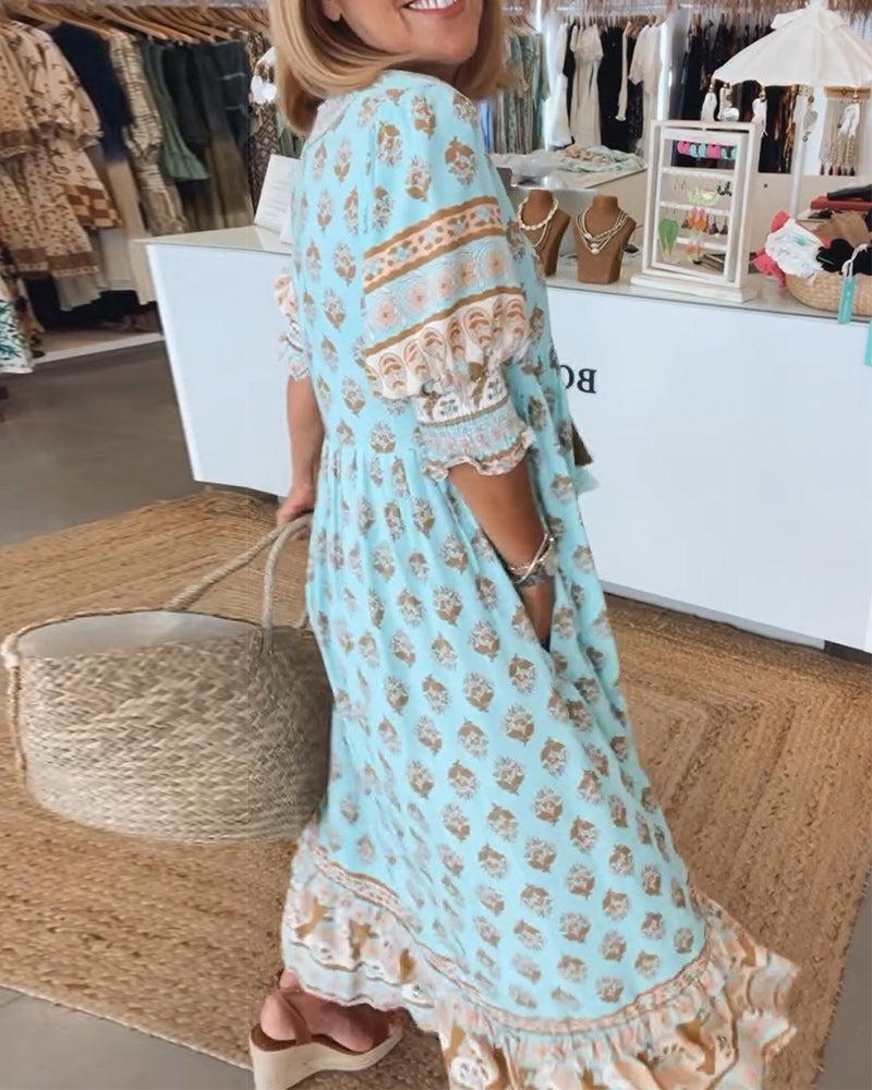 Printed V-Neck Women's Dress in Lightweight Fabric, Flattering Silhouette for Summer Outings and Everyday Wear-3