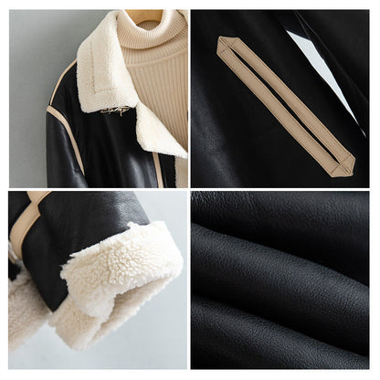 Unisex Warm Jacket - Shearling-Lined Faux Leather, Biker Style, Zip Front, For Winter Wear