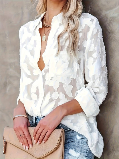 Stylish White Women's Blouse, Lightweight and Breathable Long Sleeve Top for Summer Wear, Flattering Fit-3
