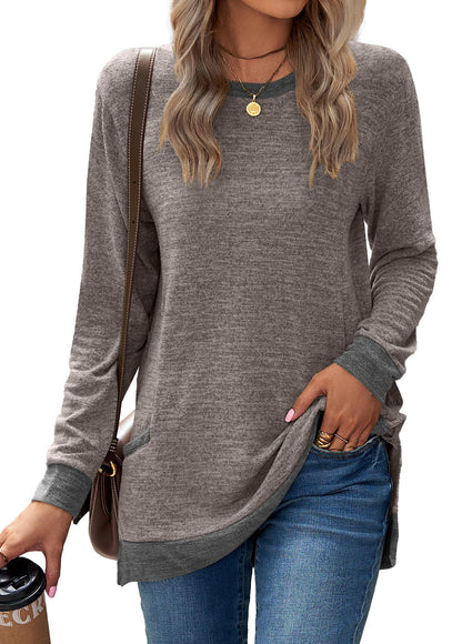 Plush Relaxed Women’s Long Sleeve Pullover - Round Neck Tunic, Cotton Cashmere Knit, Pocketed Mid Length Top For Casual Wear