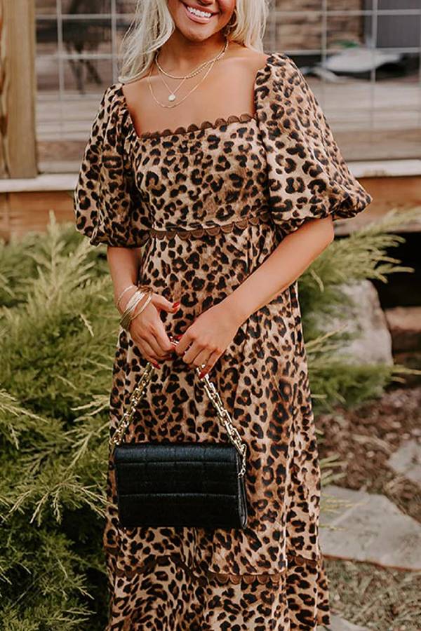 Leopard Print Maxi Dress with Puff Sleeves, Gathered Design, Long Dress for Women, Casual Chic Style-2