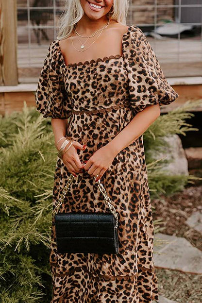 Leopard Print Maxi Dress with Puff Sleeves, Gathered Design, Long Dress for Women, Casual Chic Style-2