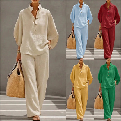 Light Women's Suit Kit - Stand-Collar Pullover Top, Balloon Sleeves, Straight-Leg Trousers, Polyester, For Office
