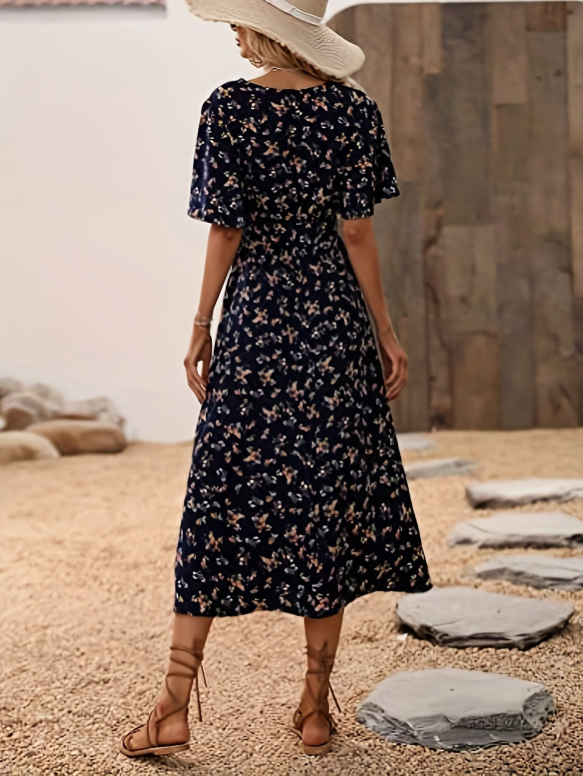 Feminine Boho Summer Dress with V-Neck and Flutter Sleeves, Lightweight Breathable Fabric, Available in Black and Red-5