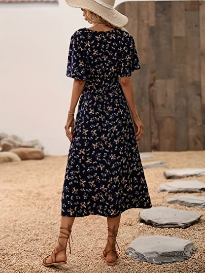 Feminine Boho Summer Dress with V-Neck and Flutter Sleeves, Lightweight Breathable Fabric, Available in Black and Red-5