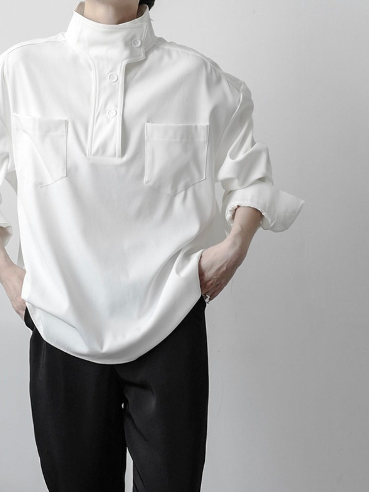Plush Men’s Half Turtleneck Shirt - Stand Collar, Polyester