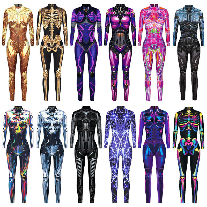 and Stretchy Body-Hugging Women's Printed Jumpsuit - Contoured Full-Body, Milk Silk Second-Skin for Cosplay