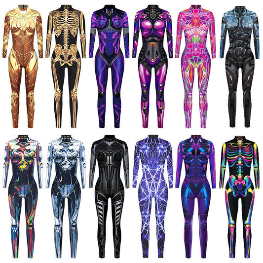and Stretchy Body-Hugging Women's Printed Jumpsuit - Contoured Full-Body, Milk Silk Second-Skin for Cosplay