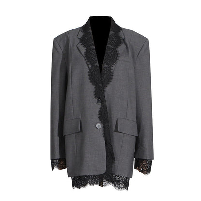 women's Structured blazer - lace-panel design, long-sleeve, polyester, for office-ready workwear