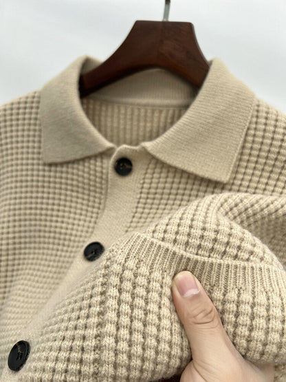 Textured Warm Men's Cardigan - Polo Lapel, Knit For Autumn