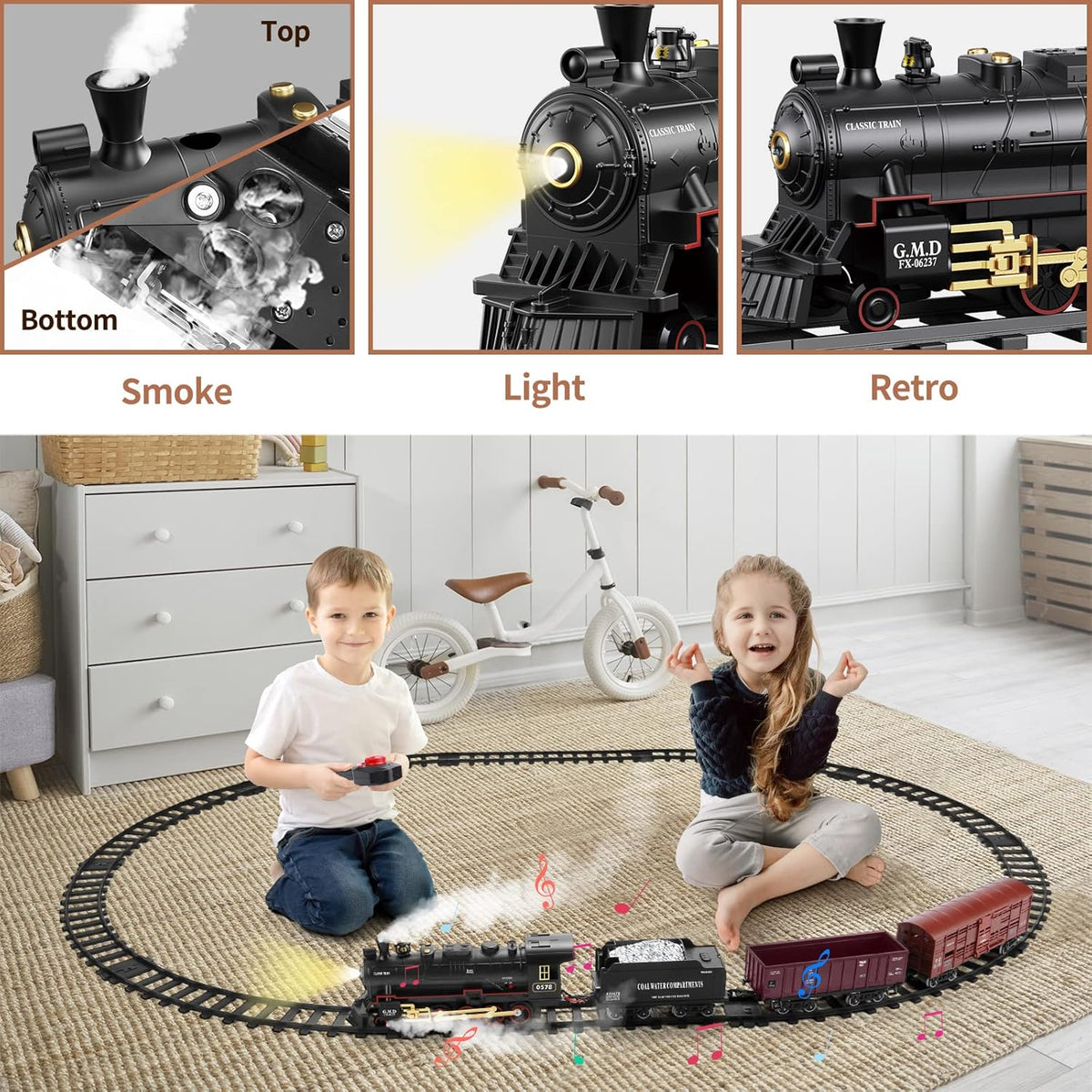 Train Kit with Lights & Sounds - Interactive Locomotive Toy for Kids Battery-Powered Motor-Driven Steam