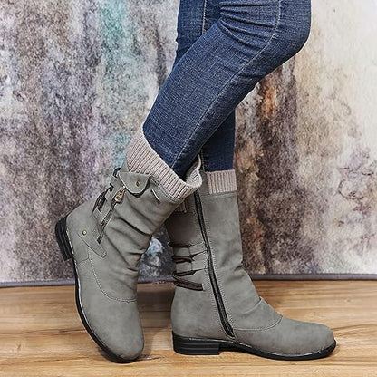 Cozy Warm Women's Mid Calf Winter Boots- Leather, For Winter