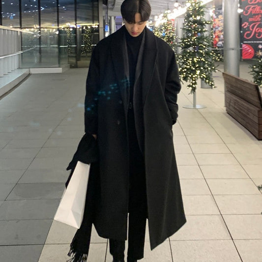 Men's Warm Trench Coat - Single-Breasted, Wool, Winter