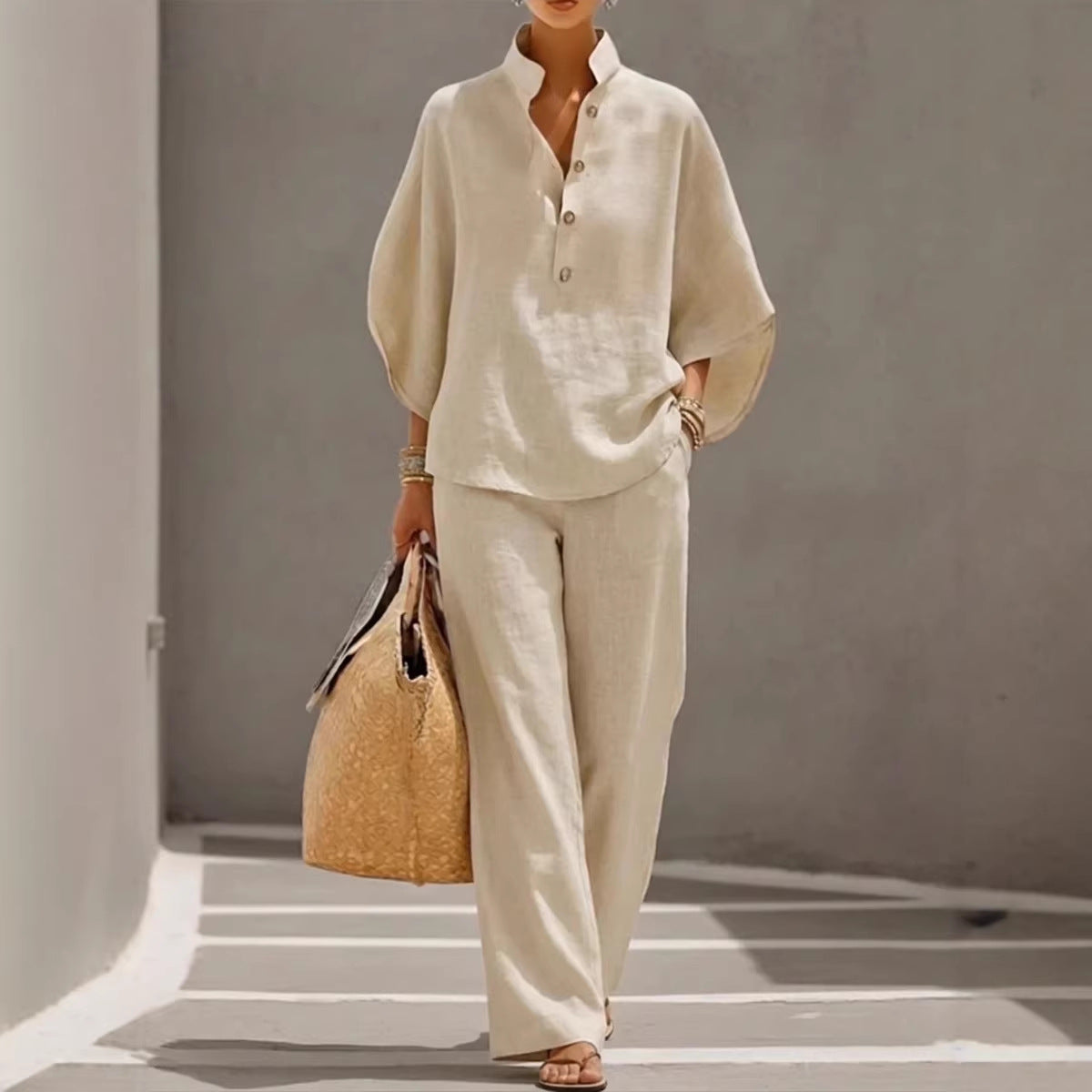 Light Women's Suit Kit - Stand-Collar Pullover Top, Balloon Sleeves, Straight-Leg Trousers, Polyester, For Office
