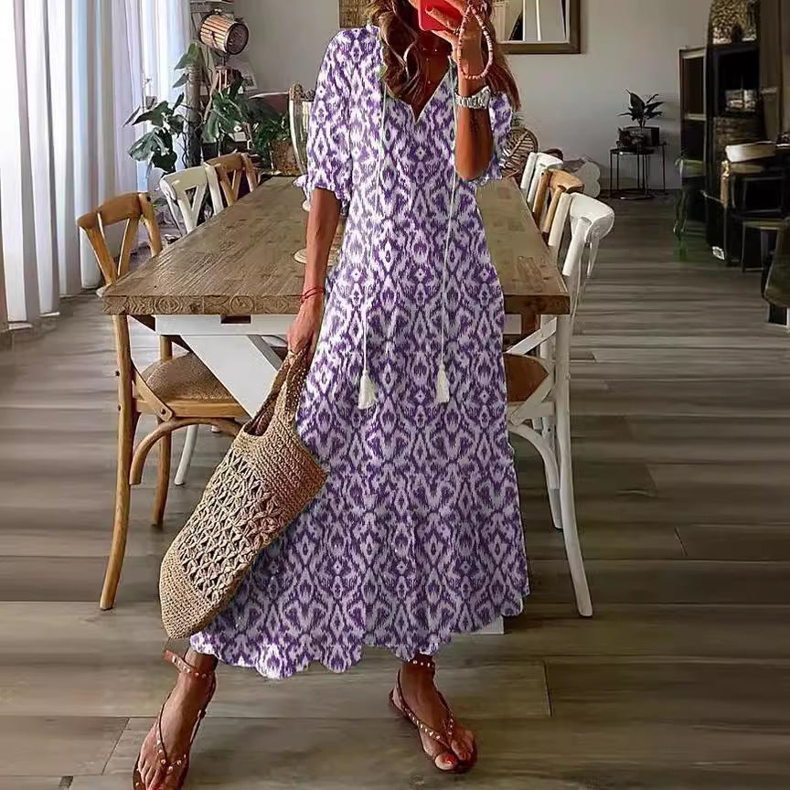 Light Women's Dress - Bohemian Print, V-Neck, Long Sleeves, Mid Waist, Casual Regular Wear