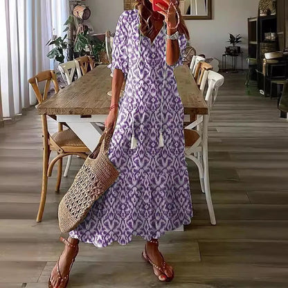 Light Women's Dress - Bohemian Print, V-Neck, Long Sleeves, Mid Waist, Casual Regular Wear