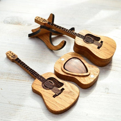Organic Wood Guitar Pick Holder Case - Mini Acoustic Design for Musicians, Great Gift Idea
